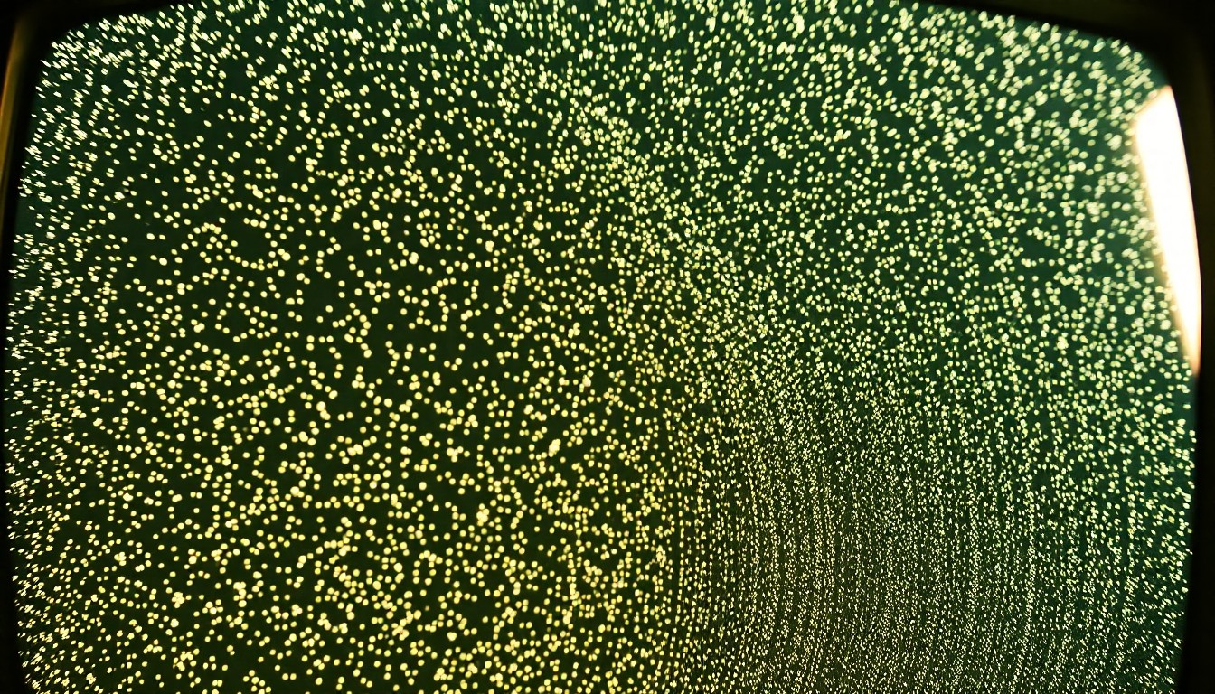 An extreme close-up photograph of a vintage television screen displaying a glittering, high-contrast texture of shimmering lights and shadows, conceptually representing the glamour and nostalgia of classic children's television programming.