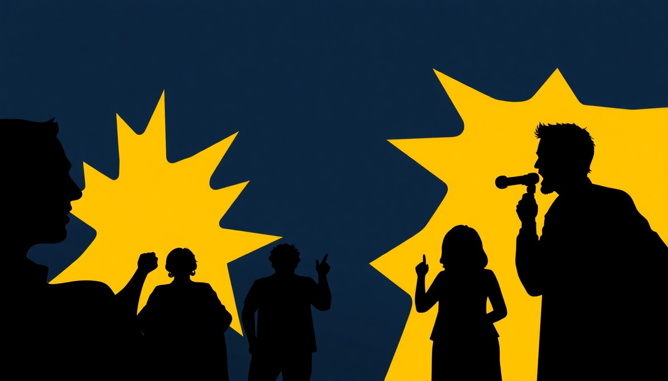 A bold, abstract composition of jagged, geometric shapes in muted blues and bright yellows, conceptually representing the tension between comedians and the restrictive format of the TV show Comics Unleashed.