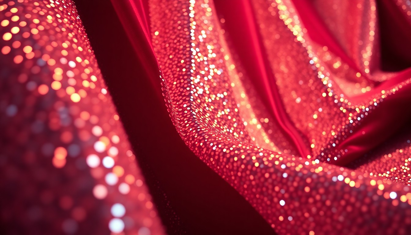 An extreme close-up of shimmering sequins and plush velvet fabrics, bathed in dramatic studio lighting to create a high-fashion, glamorous aesthetic that evokes the celebratory mood of Lilian Garcia's WrestleMania week wedding.