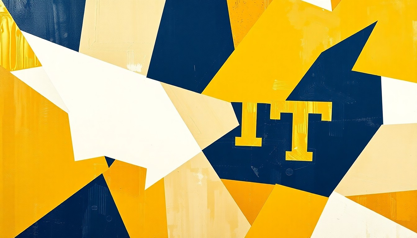 A cubist, geometric painting depicting fragmented, overlapping shapes and planes in the colors of the Georgia Tech football team, conceptually representing the program's roster overhaul and push for continued growth.