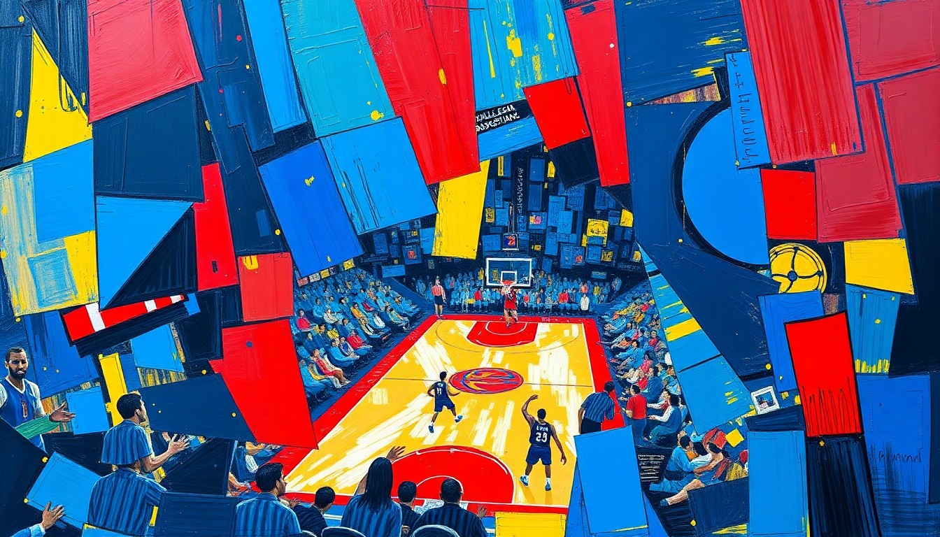 A cubist, geometric painting depicting the chaotic energy and multiple perspectives of a college basketball game, with sharp planes of color and overlapping shapes representing the fast-paced action on the court.
