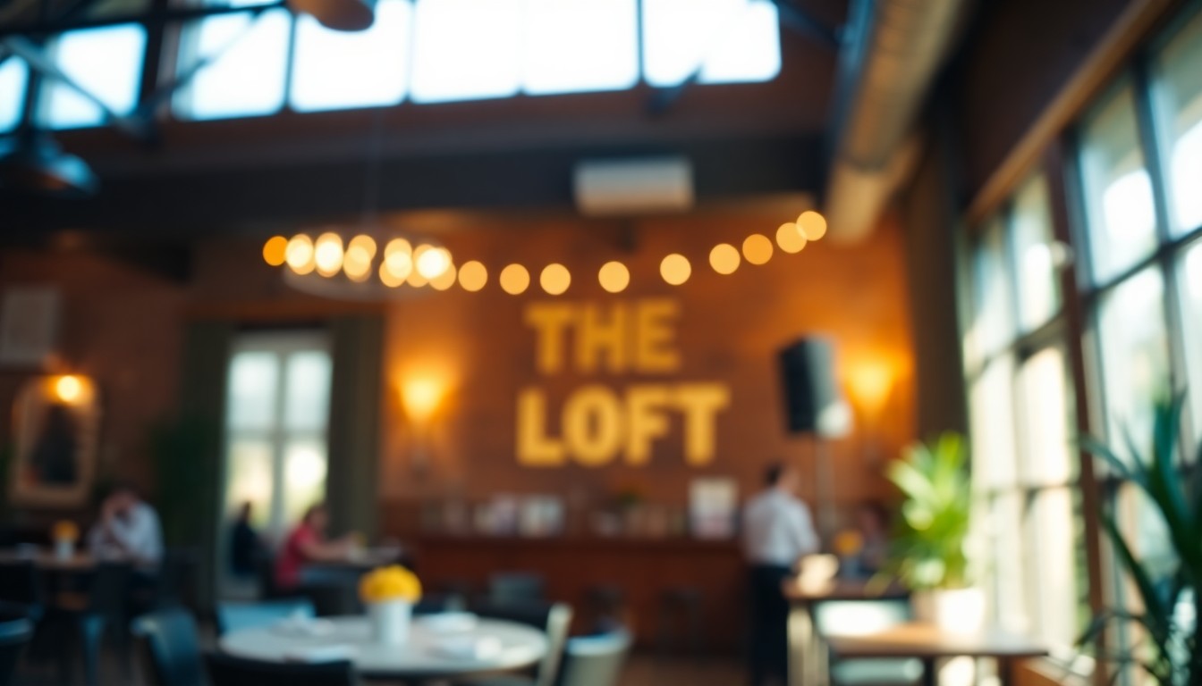 An abstract, out-of-focus photograph showing the warm, inviting interior of a modern event space with high ceilings, exposed beams, and large windows flooding the room with natural light.