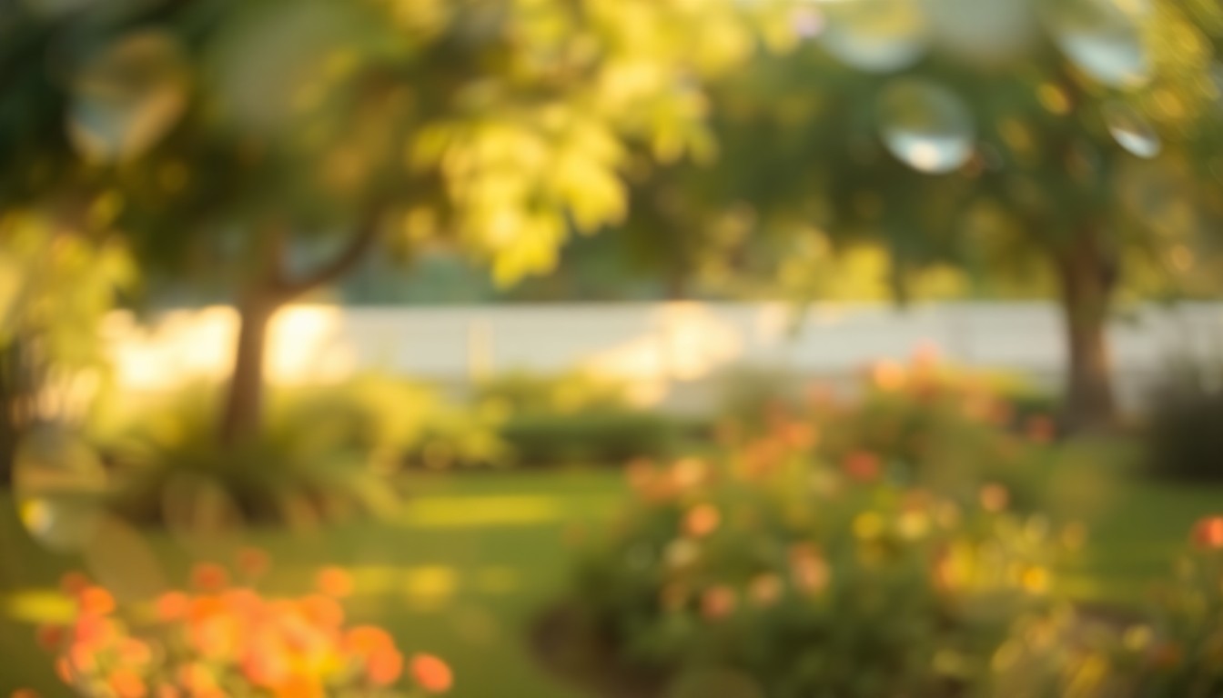 An abstract, impressionistic photograph of a shaded garden scene, with soft, blurred brushstrokes of warm light and color creating an atmospheric, dreamlike quality.
