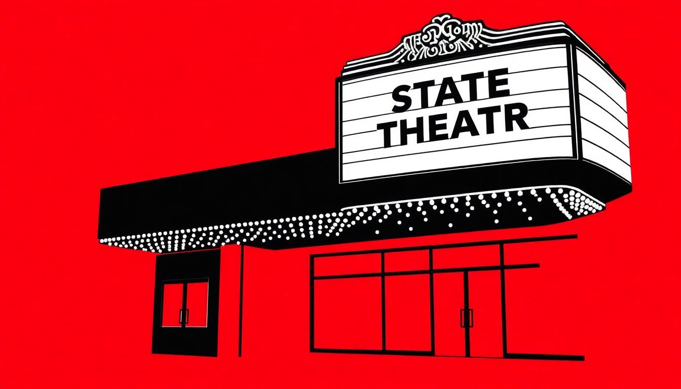A minimalist, abstract illustration featuring a dramatic black silhouette of the State Theatre's iconic marquee against a bold red background, conveying the venue's significance as a premier country music destination.