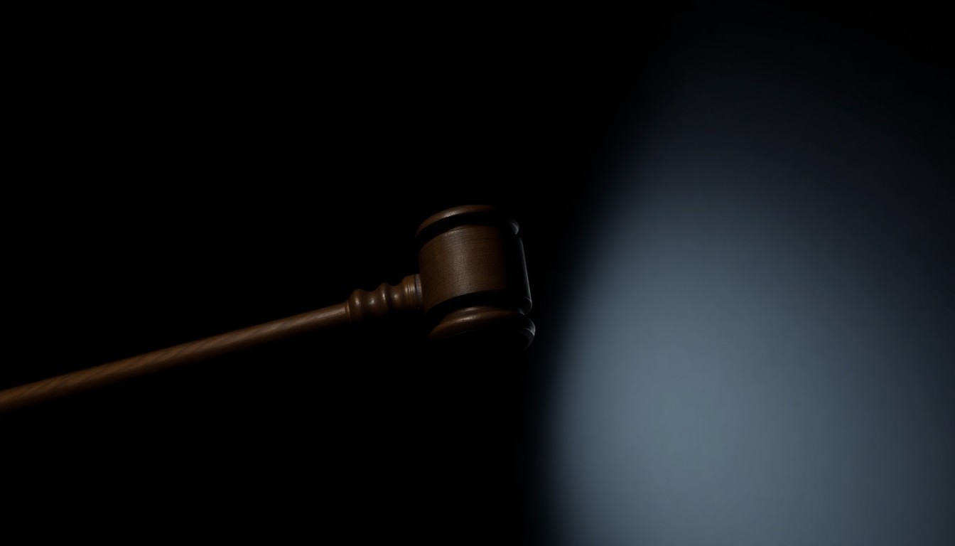 An extreme close-up photograph of a gavel against a pitch-black background, lit by a harsh, direct camera flash, conceptually representing the stark, gritty, investigative nature of the Weinstein trial.