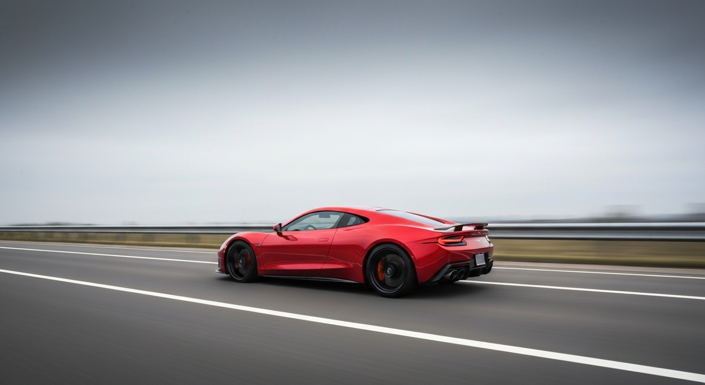 A blurred, abstract image of a speeding red sports car, conveying a sense of power and motion through sweeping brushstrokes of color.