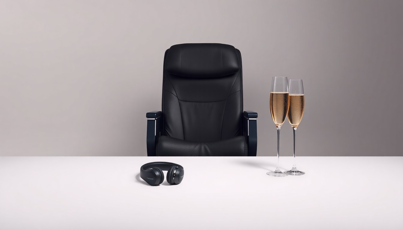 A photorealistic studio still life featuring a premium leather airplane seat, noise-cancelling headphones, and a glass of champagne, conveying the luxurious and exclusive nature of Delta's premium travel offerings.