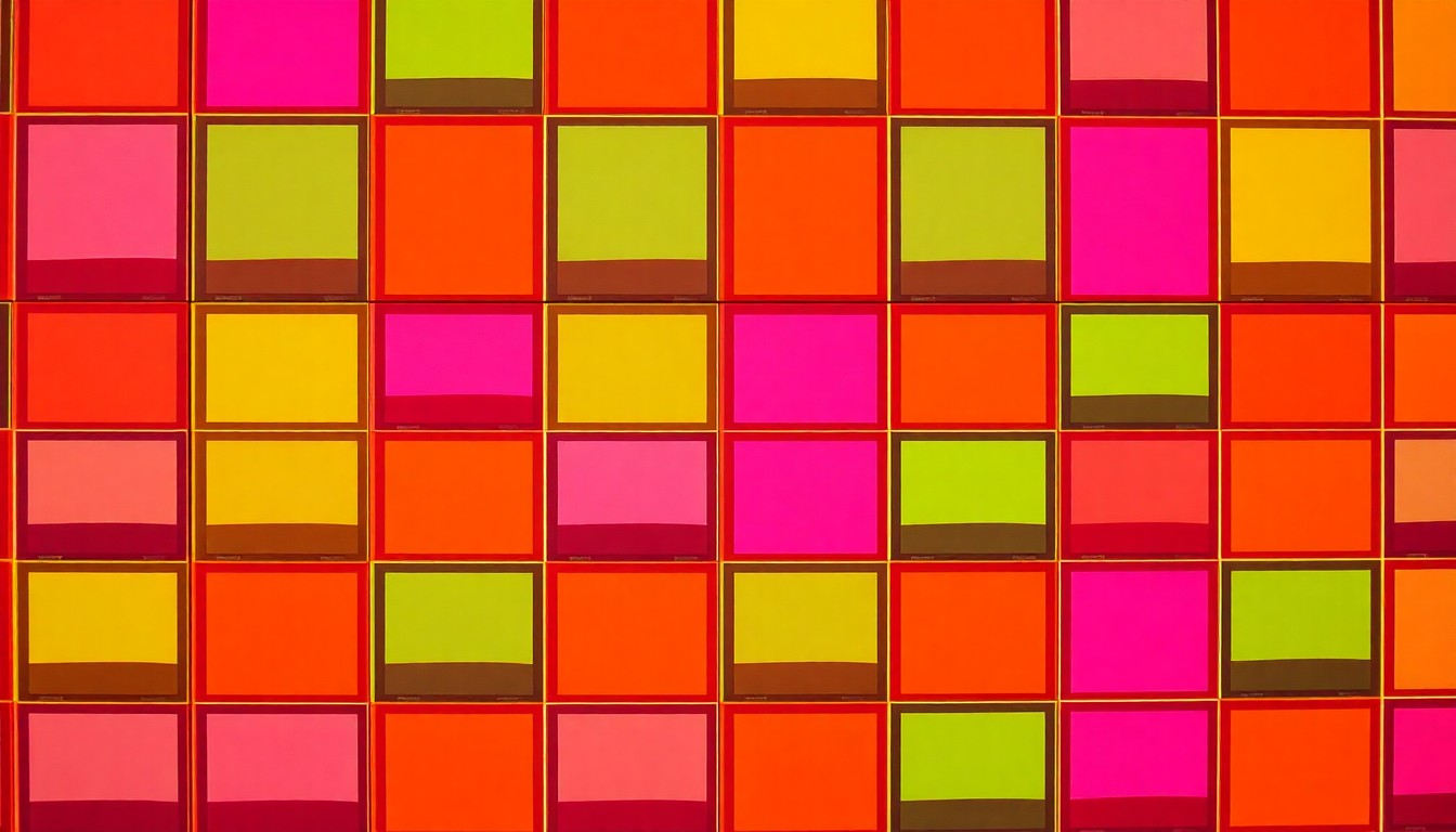 A bold, colorful silkscreen print featuring a repeated pattern of a window tint product in vibrant neon hues, conceptually representing the modern, stylish aesthetic and practical benefits of this home improvement upgrade.