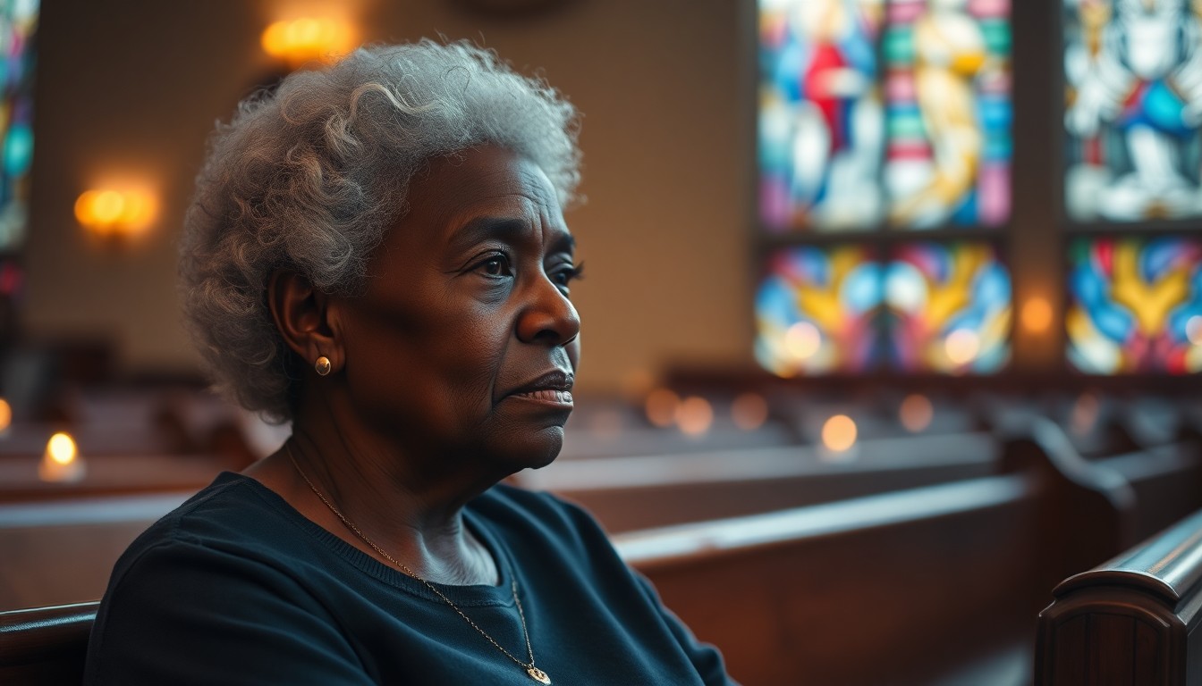 An extremely abstracted, out-of-focus photograph of an elderly African American woman sitting in a church pew, surrounded by blurred stained glass windows and candles, conveying a sense of reverence and spiritual contemplation.