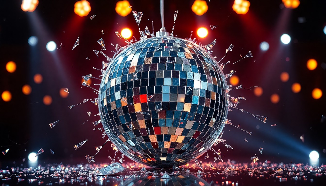 An abstract close-up image of shattered, glittering glass reflecting dramatic studio lighting, conveying the excitement and energy of a singing competition show finale.