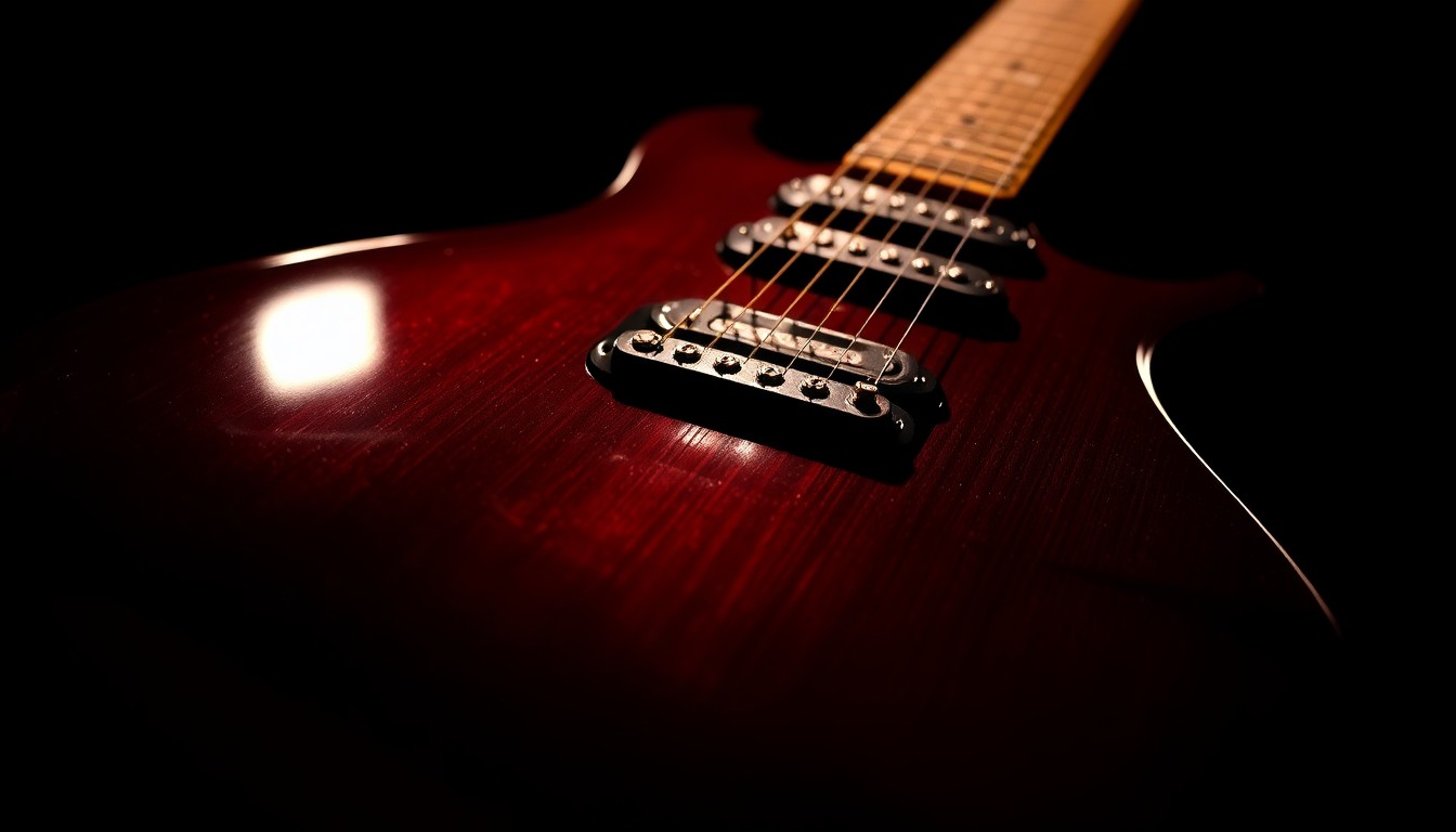 An extreme close-up photograph of the glossy, metallic body of a vintage electric guitar, capturing the intricate textures and reflections of the instrument under dramatic studio lighting, conceptually representing the iconic guitar work of blues rock legend Eric Clapton.