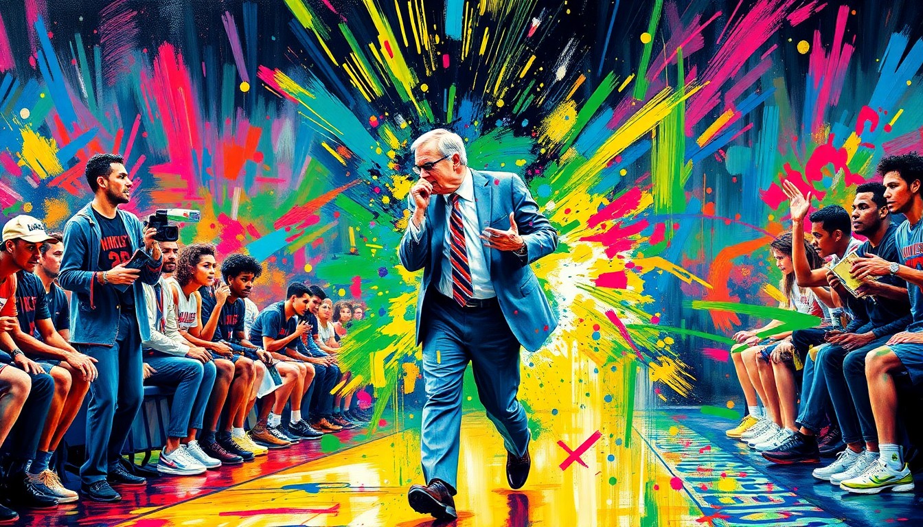 An abstract, expressionist painting featuring bold, neon-colored brushstrokes that capture the intense energy and emotion of an NBA head coach on the sidelines, their face and body dissolving into a vibrant, chaotic display of color and movement.
