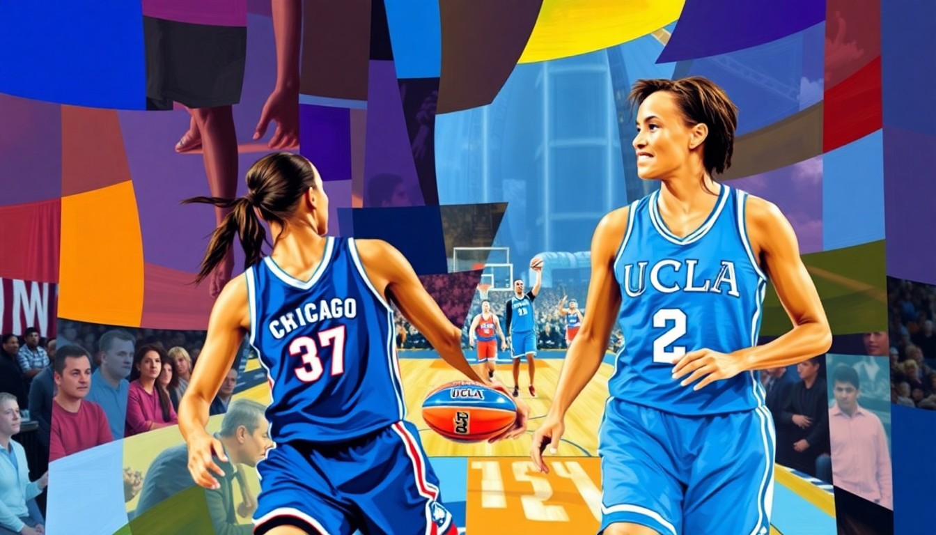 A cubist, geometric painting depicting a WNBA basketball game, with the players and court broken down into sharp, overlapping shapes and planes in the colors of the Chicago Sky and UCLA Bruins uniforms.
