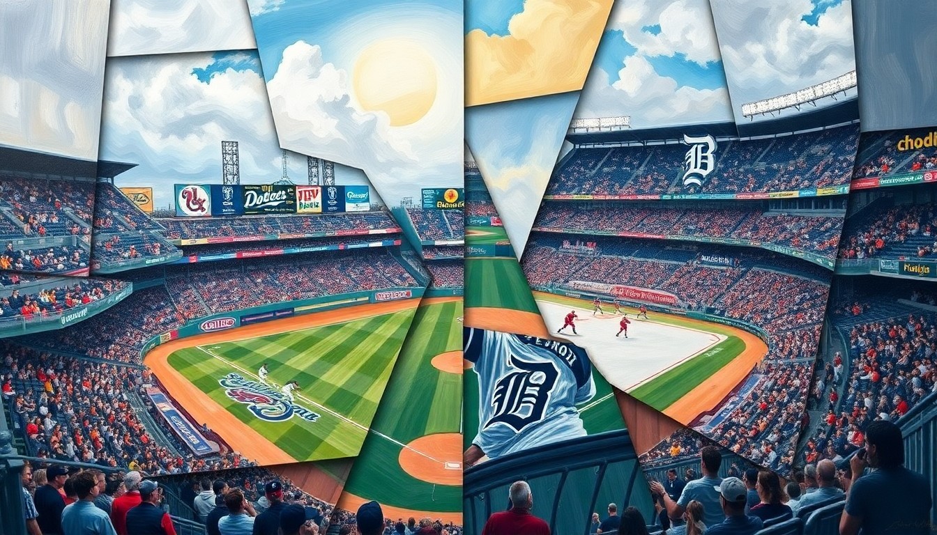 A fragmented, geometric painting depicting a baseball game and a hockey match, symbolizing the ups and downs of Detroit's sports landscape.