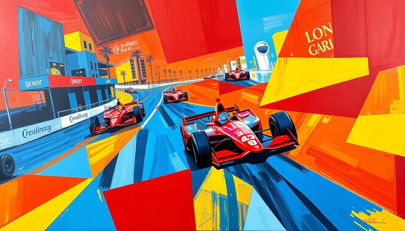 A cubist, geometric painting depicting an IndyCar race on the Streets of Long Beach, with the cars and circuit broken down into sharp, overlapping planes of vibrant red, blue, and yellow colors.