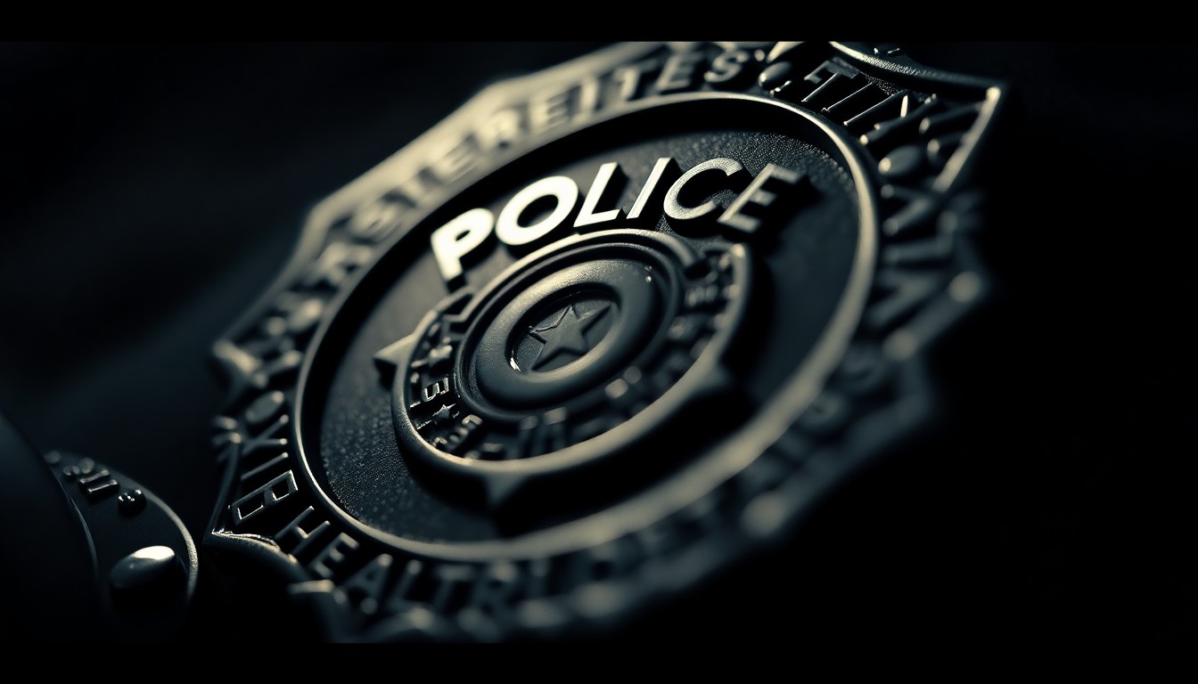 An extreme close-up photograph of a police badge, with a shallow depth of field and dramatic lighting, conceptually representing the recognition of law enforcement excellence.