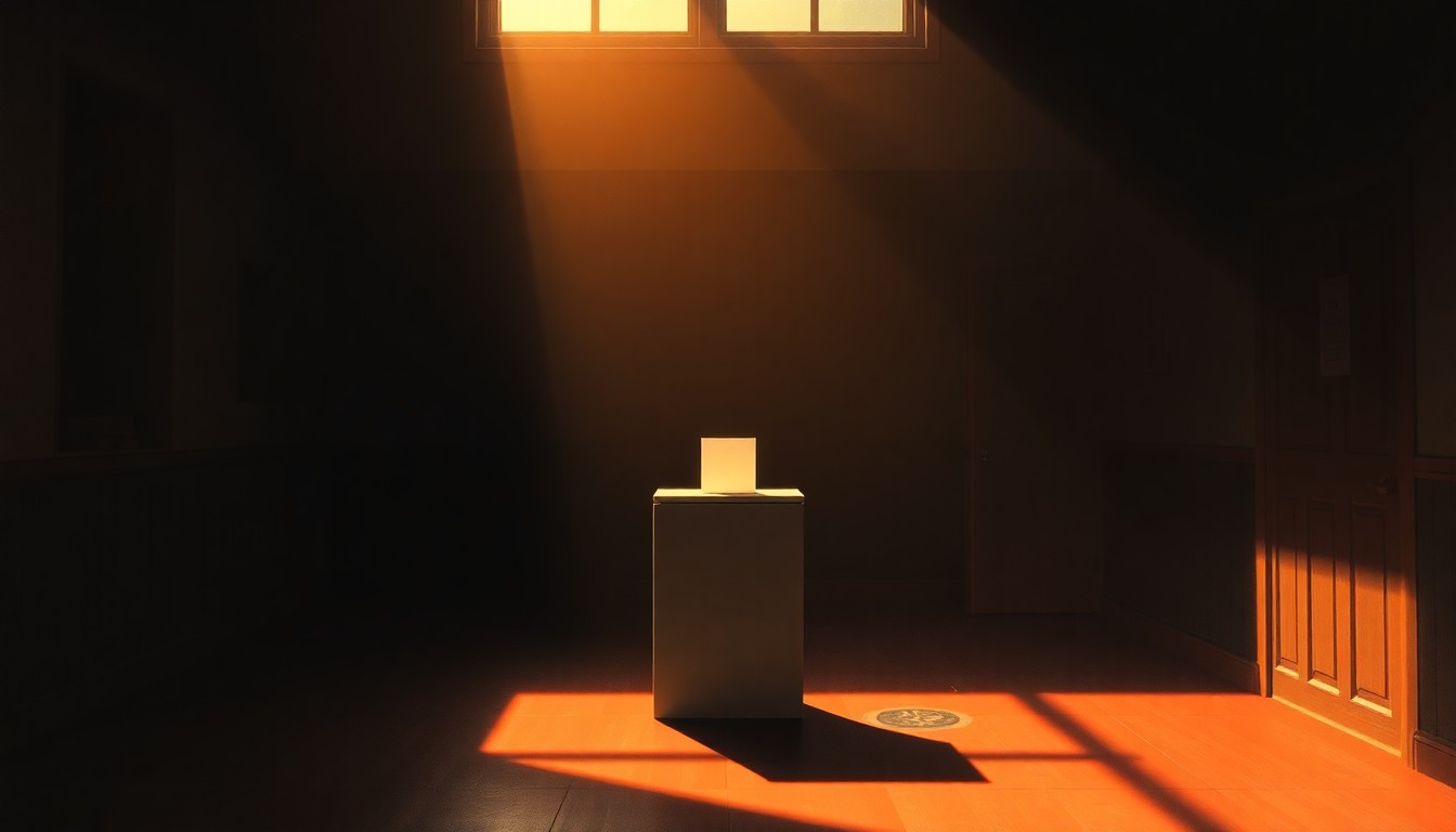 A photorealistic painting of a lone ballot box sitting on a table in an empty, dimly lit polling station, with warm sunlight streaming in through a window and casting deep shadows across the scene, conveying a sense of melancholy and uncertainty surrounding Peru's electoral process.