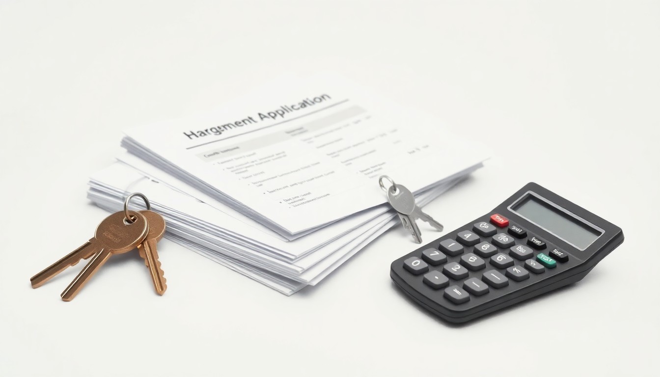 A high-end, photorealistic studio still-life photograph featuring a stack of apartment rental applications, a set of house keys, and a calculator on a clean, white background, conceptually representing the financial challenges facing renters in the Mission, Kansas area.