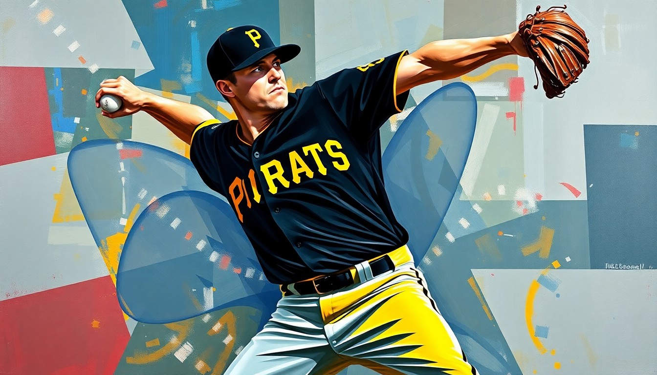 A fractured, geometric painting depicting a baseball pitcher's throwing motion, broken down into sharp, overlapping planes of color in the style of Pablo Picasso. The vibrant colors of the Pittsburgh Pirates' uniform are used, creating a dynamic, abstract representation of the pitcher's dominance.