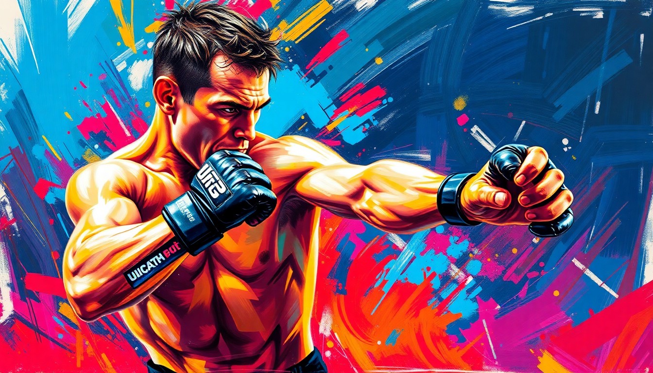 An abstract, expressionist painting featuring bold, neon-colored brushstrokes that capture the explosive energy and movement of a UFC fighter throwing a powerful punch, conceptually representing the new light heavyweight champion's triumph over adversity.