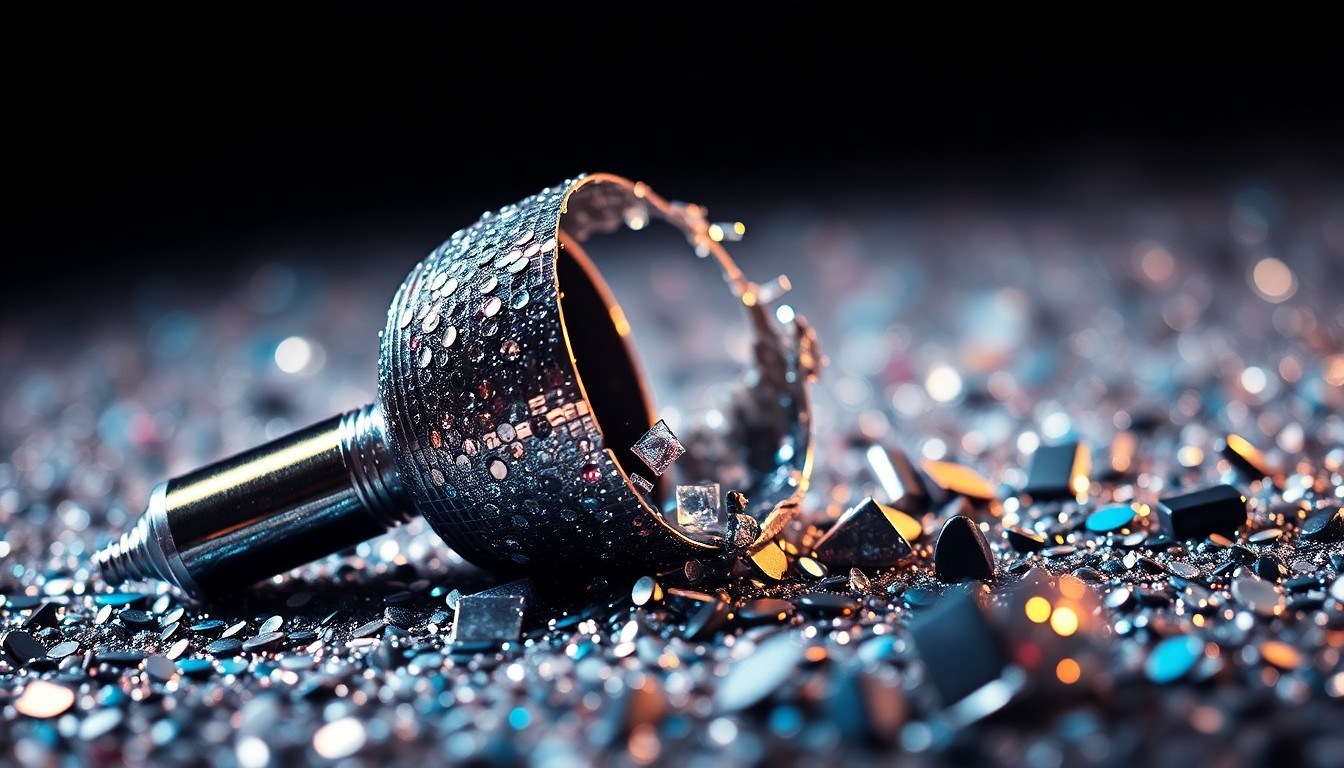An abstract close-up photograph featuring a textured background of glittering sequins and shattered glass, conveying a sense of high-energy glamour and celebration.