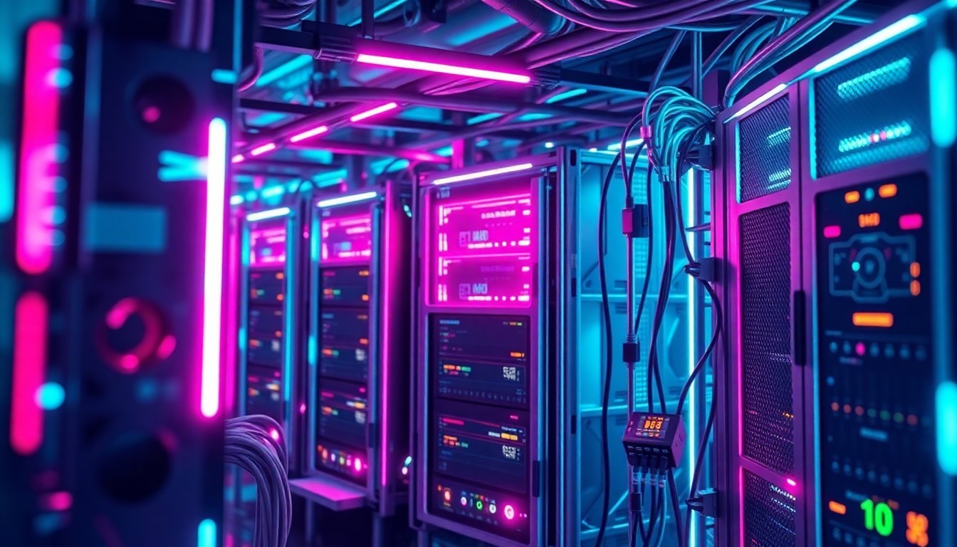A highly detailed, glowing 3D illustration of a futuristic cloud computing infrastructure, with servers, cables, and cooling systems illuminated by vibrant neon lights, conceptually representing the advanced AI-powered cloud cost management capabilities of the Noros platform.