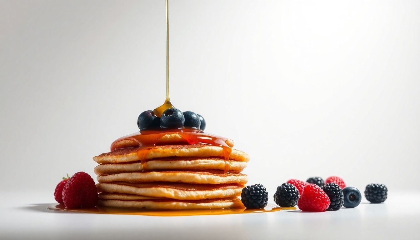 A photorealistic studio still life of a stack of golden brown pancakes with fresh berries and maple syrup, symbolizing the premium quality and indulgence of the Eggs Up Grill dining experience.