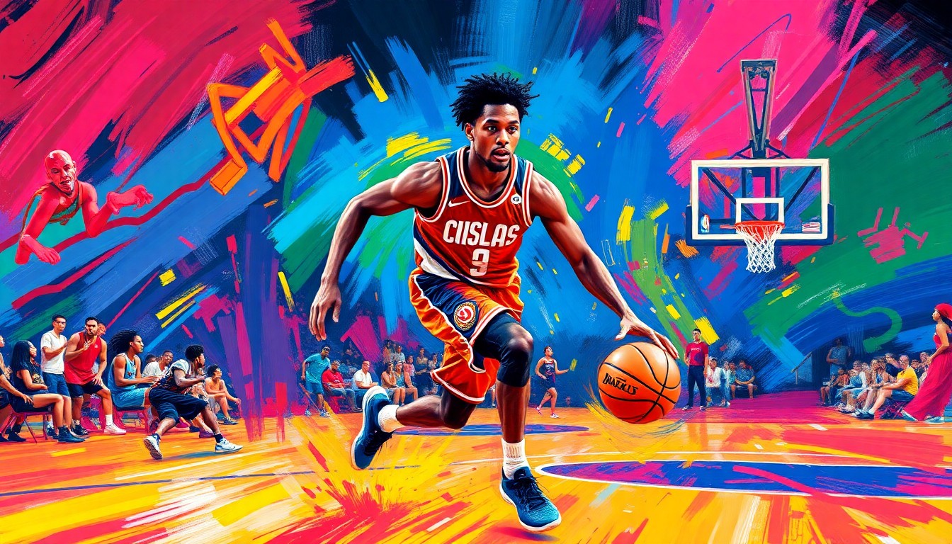 An abstract, energetic painting featuring bold, neon-colored brushstrokes that capture the dynamic movements and raw athleticism of a basketball player, conceptually representing Shai Gilgeous-Alexander's induction into the Hall of Fame.