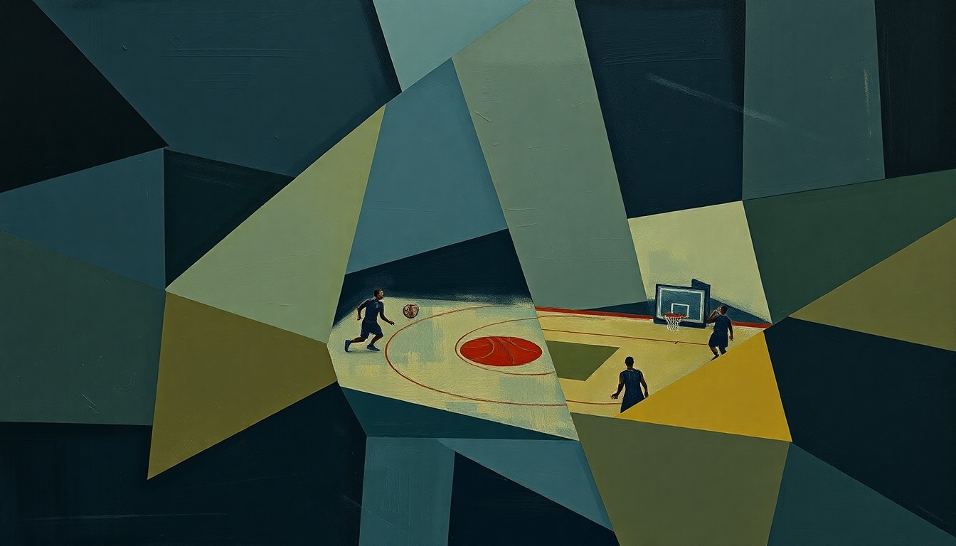 A fragmented, cubist-style painting depicting the abstract shapes and angles of a basketball game, using muted tones of navy, slate, and olive to convey the low-stakes nature of the regular season finale.