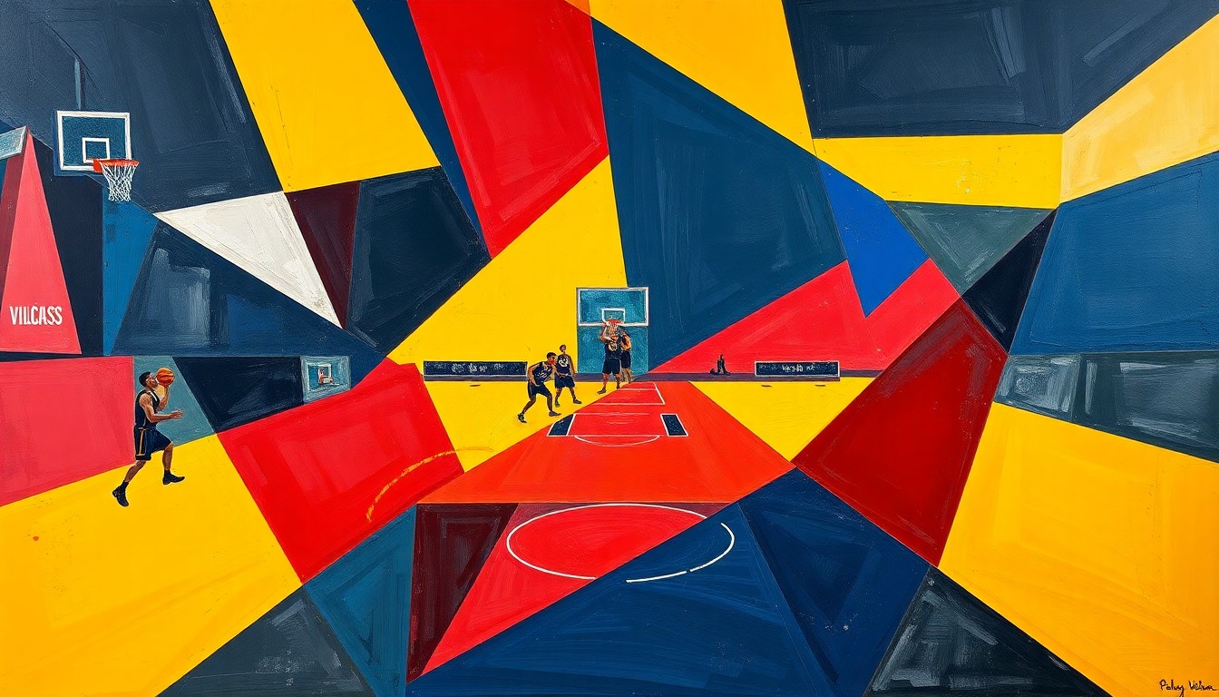 A cubist, geometric painting depicting a basketball game, with sharp, overlapping planes of navy, crimson, and gold conveying the dynamic energy of the sport.