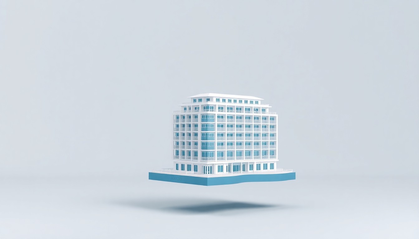 A photorealistic studio still-life image featuring a polished, geometric model of a luxury hotel building in shades of blue, grey, and white, floating on a clean, monochromatic background, conceptually representing Hilton's Curio Collection brand and its expansion into the Caribbean market.