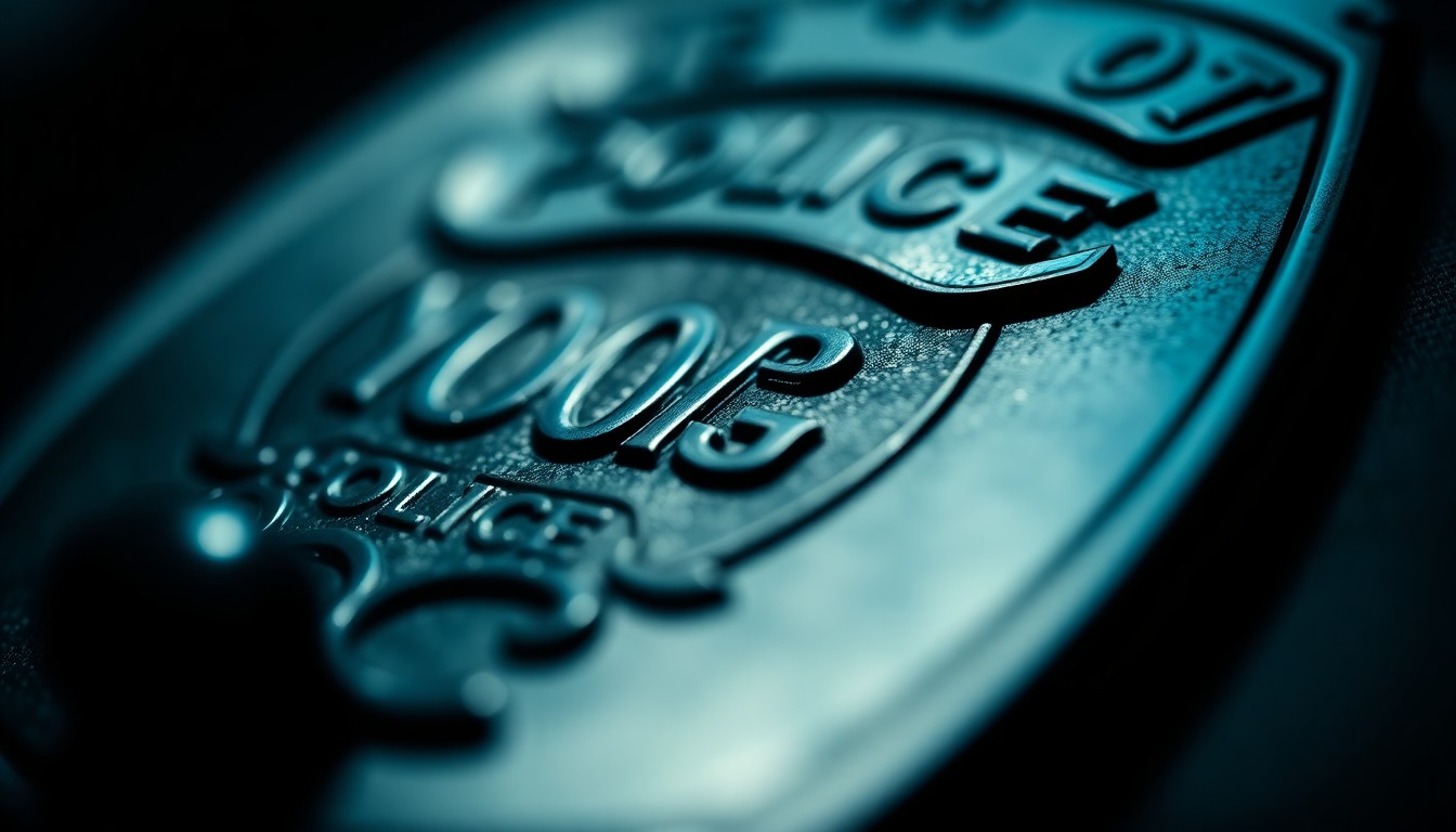 An extreme close-up photograph of a police badge, with a shallow depth of field focusing on the intricate textures and details of the metal and enamel. The lighting is dramatic and moody, creating an intimate, serious tone.
