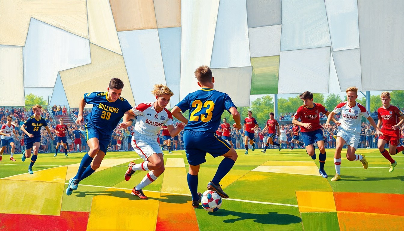A fragmented, geometric painting depicting the dynamic movements and competing forces of a high school soccer match, with the uniforms of the two teams represented through bold, clashing colors.