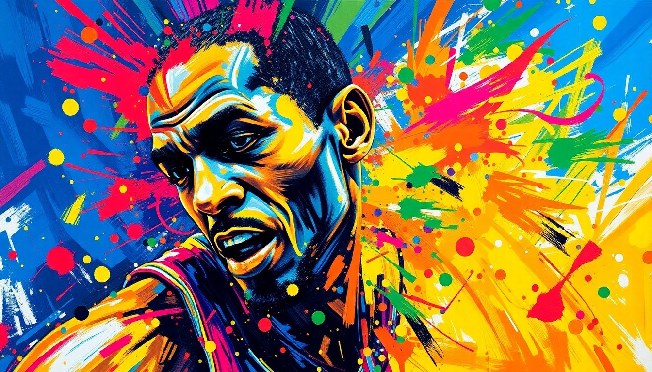 An abstract, energetic painting in neon colors featuring a blurred, dynamic figure representing an NBA player or journalist, with the faces and details dissolving into a frenetic, expressionist style.