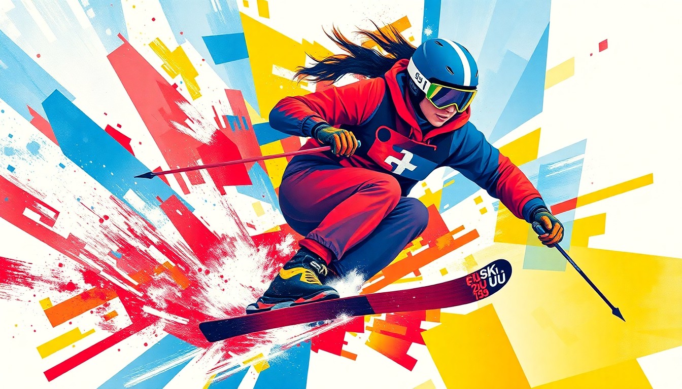 A cubist-style painting depicting Eileen Gu's freestyle skiing movements and competitions, with sharp, overlapping geometric planes in vibrant colors that capture the energy and dynamism of her athletic prowess.