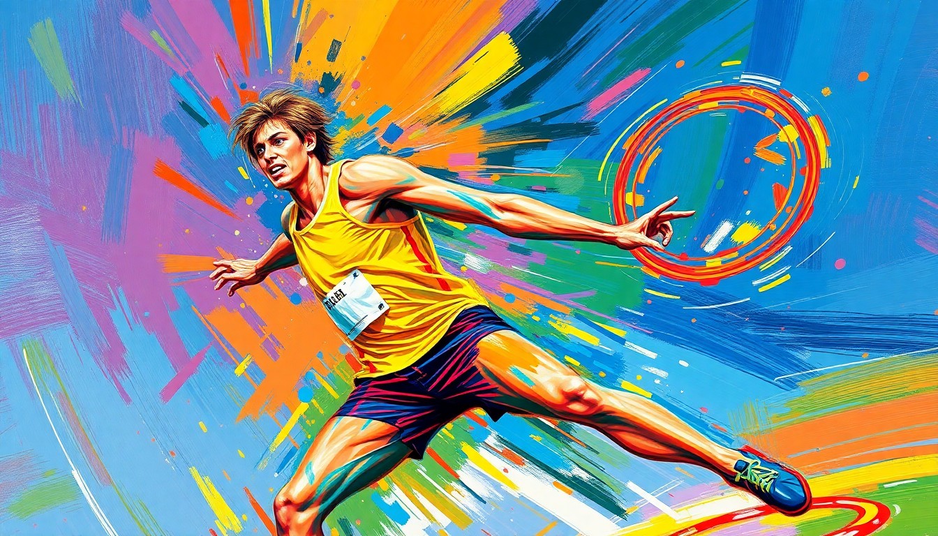 An extreme close-up of a discus spinning through the air, captured in a vibrant, expressionist painting style with bold, neon-colored brushstrokes that convey the raw power and motion of the athletic event.