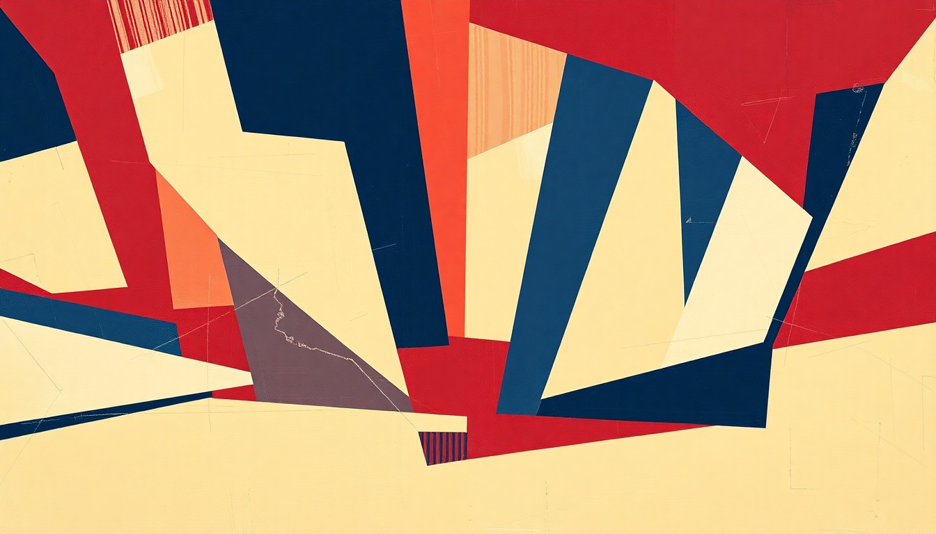 A cubist-style painting featuring fragmented, overlapping geometric shapes in shades of red, cream, and blue, conceptually representing the dynamic changes to Indiana's basketball roster.