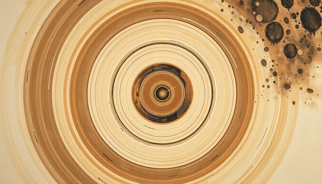 A highly textured, abstract painting in soft earth tones featuring sweeping geometric arcs, concentric circles, and precise spirals, conceptually representing the complex forces and structures of space travel.