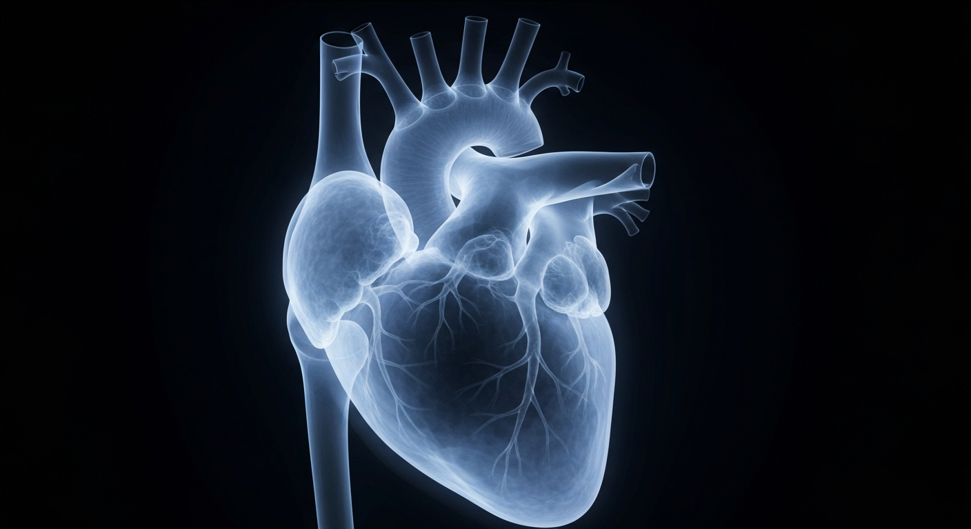 A ghostly, translucent X-ray photograph of a human heart, glowing with a faint blue light against a dark background, conceptually representing the healing process of addiction recovery.