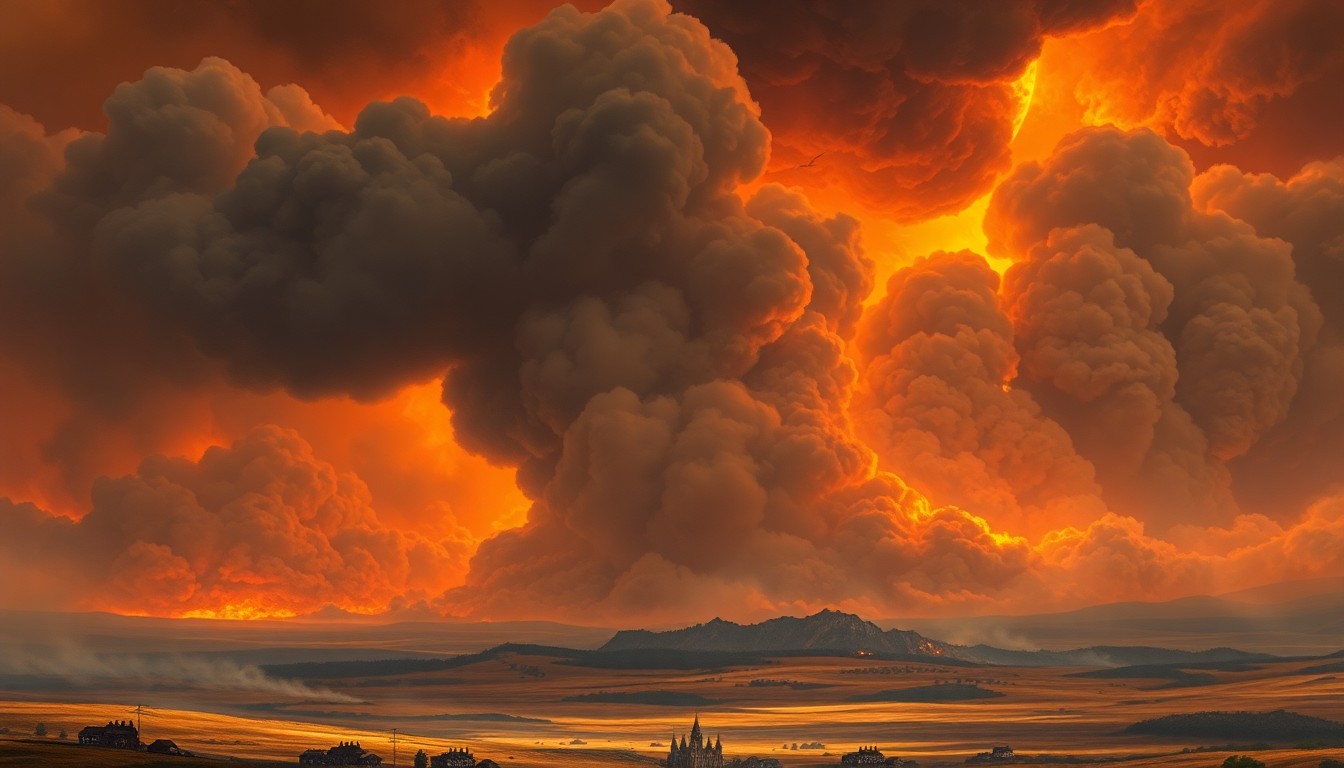 A sweeping, atmospheric landscape painting depicting a massive wall of smoke and flames dwarfing a small cluster of homes in the distance, conveying the overwhelming scale and power of a natural disaster.