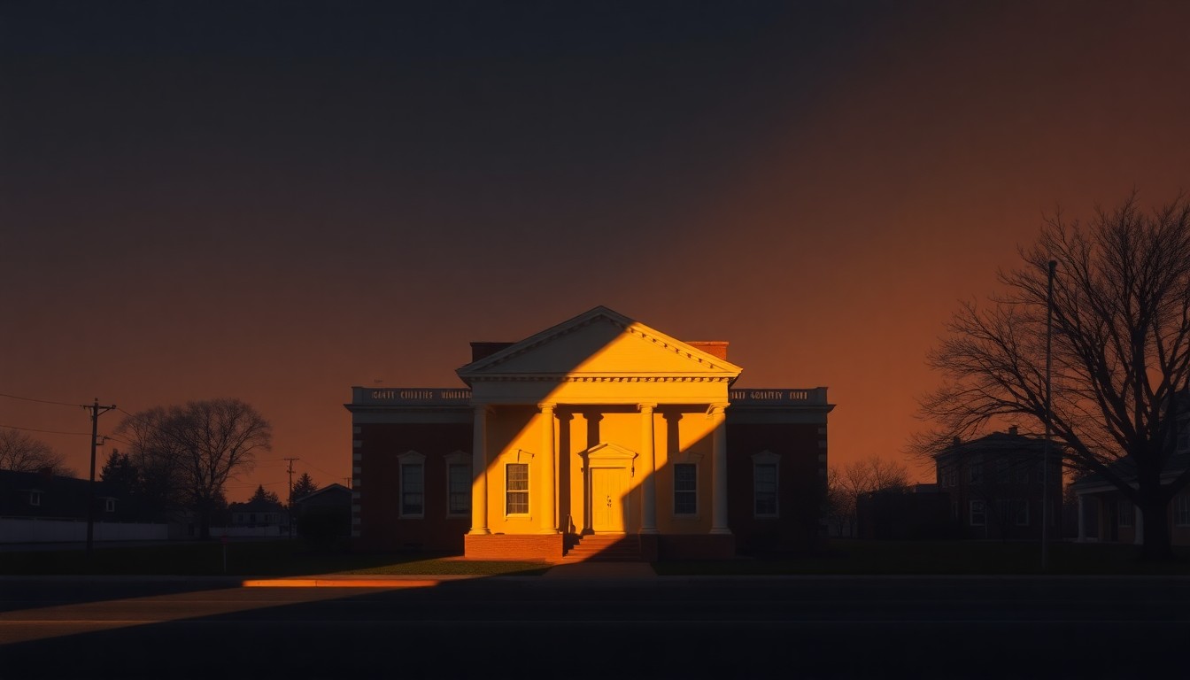 A serene, realistic painting of a county courthouse building with warm lighting and deep shadows, conveying a sense of quiet contemplation around the political tensions between law enforcement and local government.