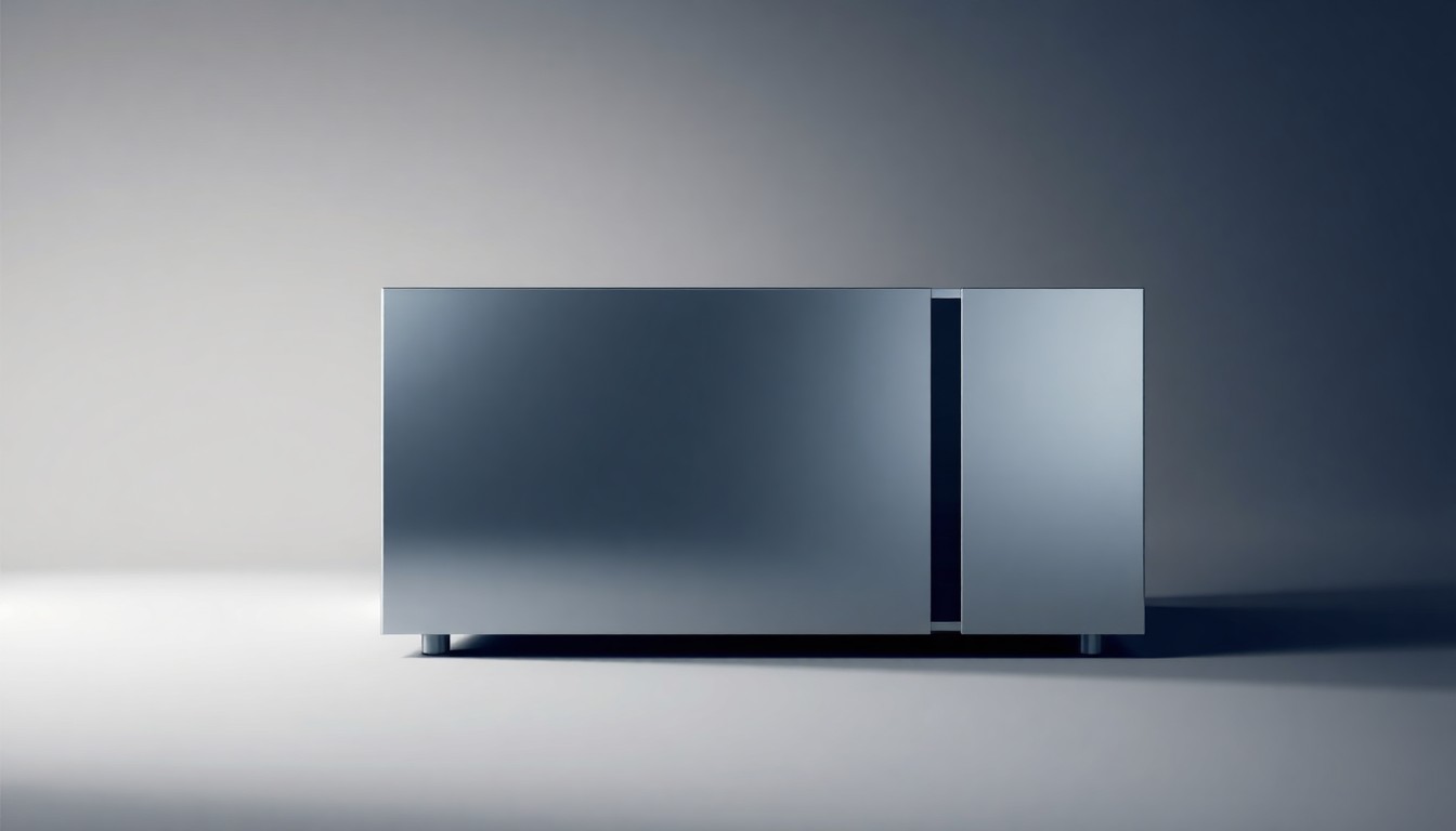 A high-end, photorealistic studio still-life photograph of a sleek, modern HVAC unit made of polished metal and glass, placed on a clean, monochromatic background and illuminated by dramatic studio lighting.