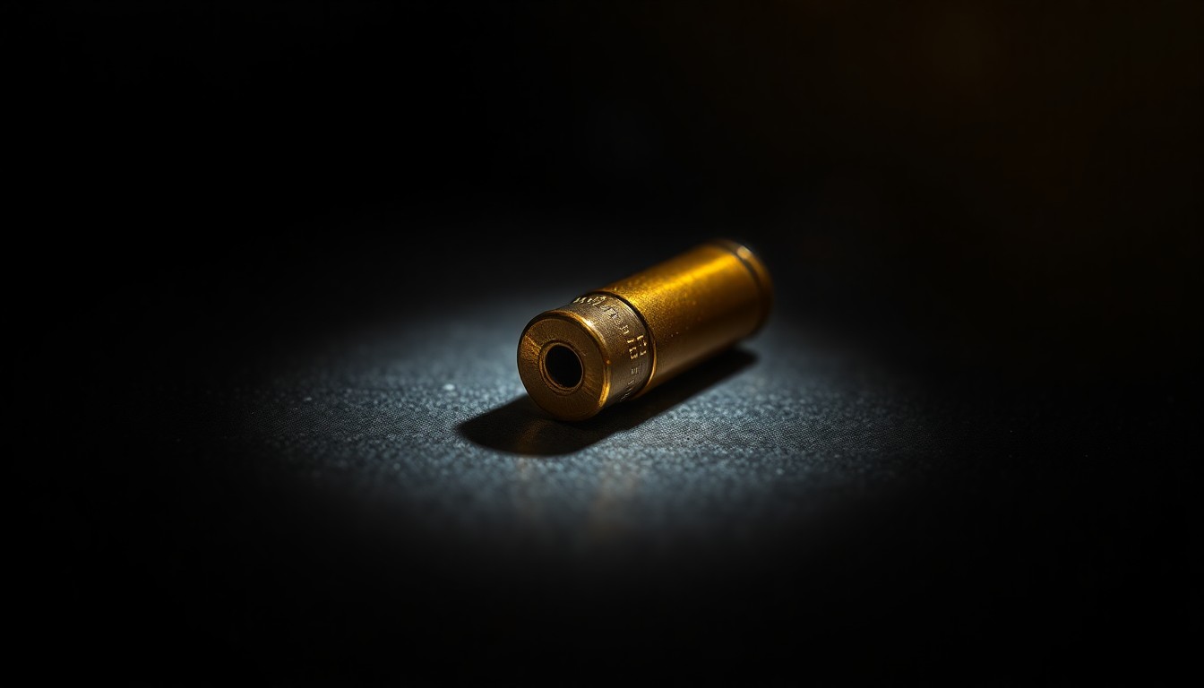 An extreme close-up photograph of a single spent bullet casing on a dark, textured surface, lit by a harsh, direct camera flash, conceptually representing the physical evidence of a fatal shooting.