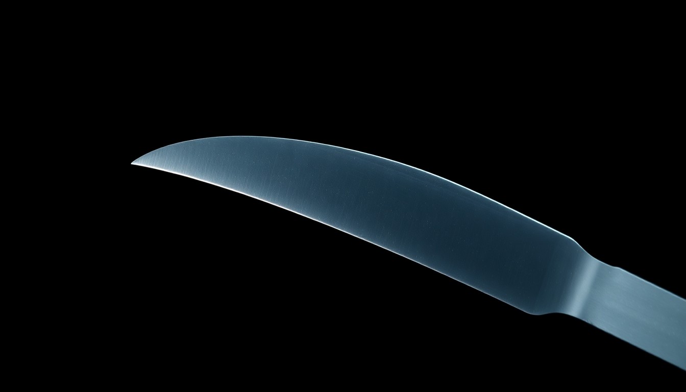 An extreme close-up of a scalpel blade against a dark background, capturing the stark, gritty aesthetic of investigative crime photography to represent the gravity of a fatal medical mistake.