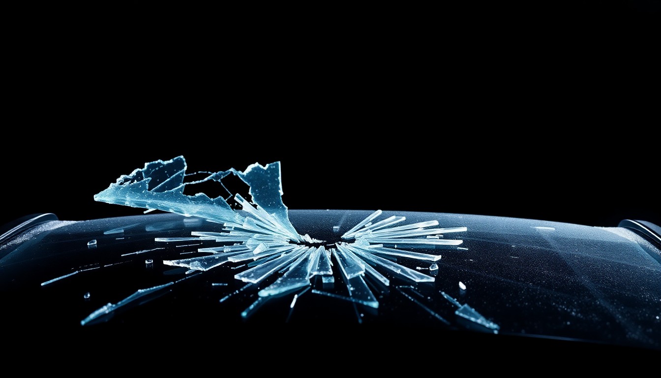 An extreme close-up photograph of a shattered car windshield, the glass reflecting a harsh, direct flash of light, conceptually representing the sudden and tragic nature of the accident that took Garrett Nicholas' life.