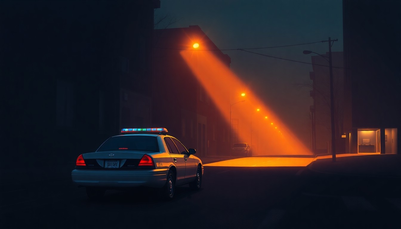 A realistic oil painting depicting a lone police car parked on a dimly lit urban street, with warm diagonal sunlight and deep shadows creating a contemplative, cinematic atmosphere that evokes the political tensions surrounding the dispute over immigration enforcement.