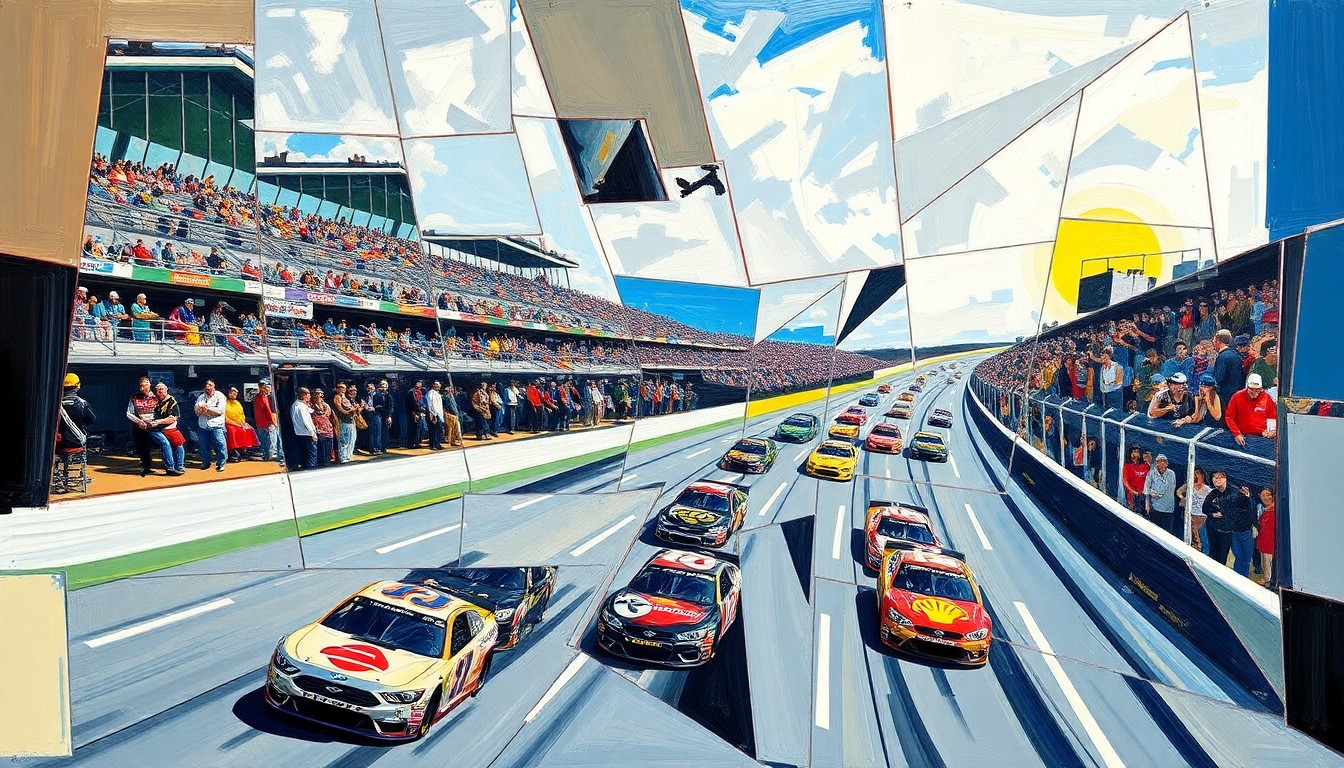 A cubist, geometric painting depicting a NASCAR race scene, with the cars and track broken down into sharp, overlapping planes of color and shape, conveying the dynamic energy of the sport.