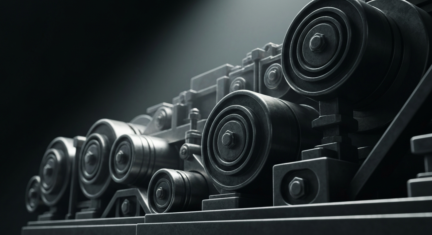 A highly detailed, cinematic close-up image of heavy, industrial banking machinery and equipment, dramatically lit against a dark background to represent the tangible, institutional power and security of the financial system without using literal currency or charts.