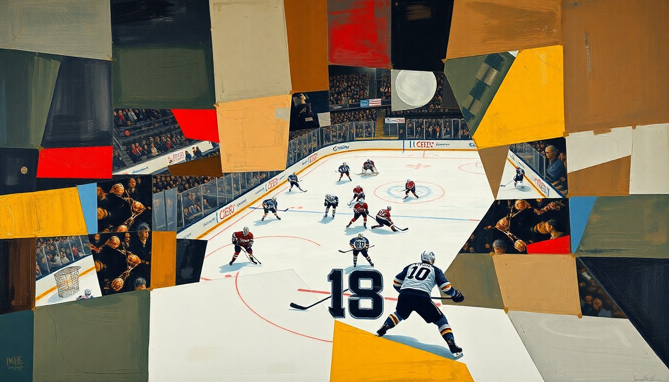 A cubist, geometric painting depicting a fragmented hockey game, with players and the puck broken down into sharp, overlapping shapes and planes of color, representing the complex strategic maneuvering of NHL trades.