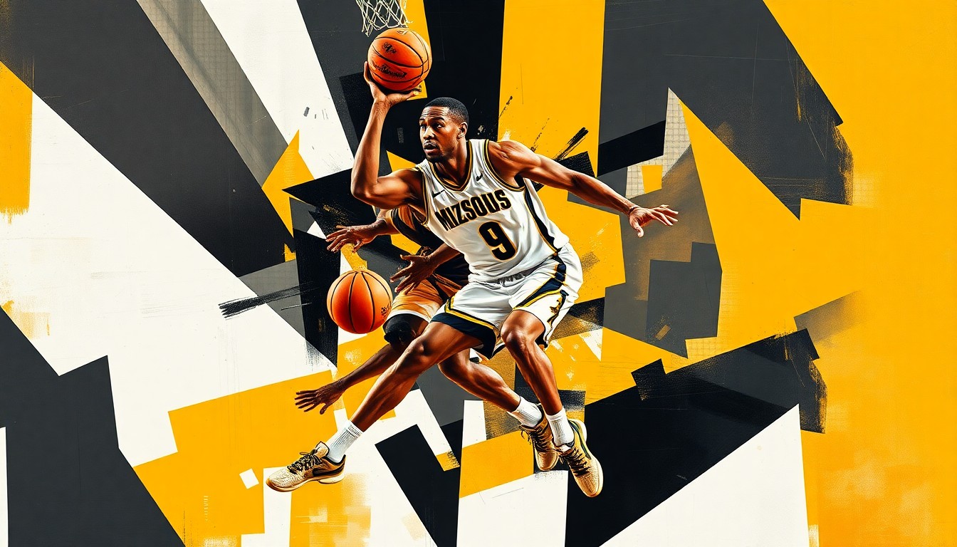 A cubist, geometric painting depicting the movements and skills of a basketball player, with sharp, overlapping planes in the colors of Missouri's uniforms and the Jordan Brand logo.